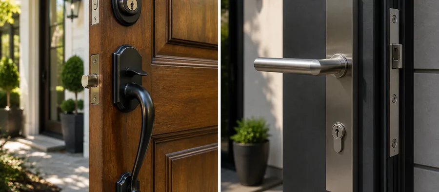 Front door lock and handle hardware on a timber entrance door